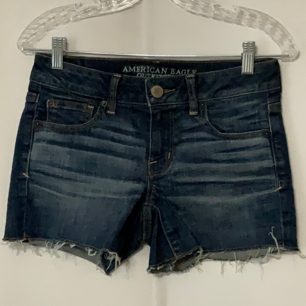 American Eagle Outfitters Women's Distressed Dark Blue Jean Shorts